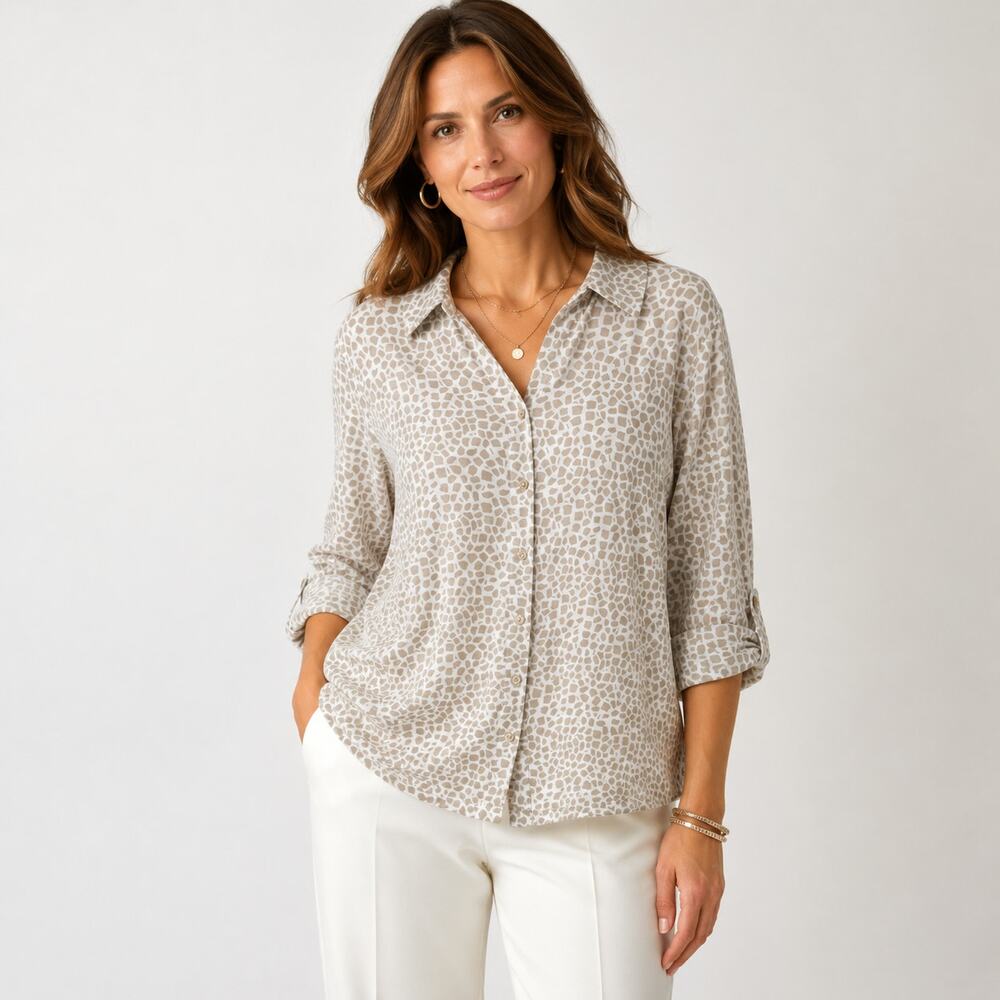 Susan Graver Liquid Knit Button-Up Blouse Womens Size 2X Tan Animal Print Office